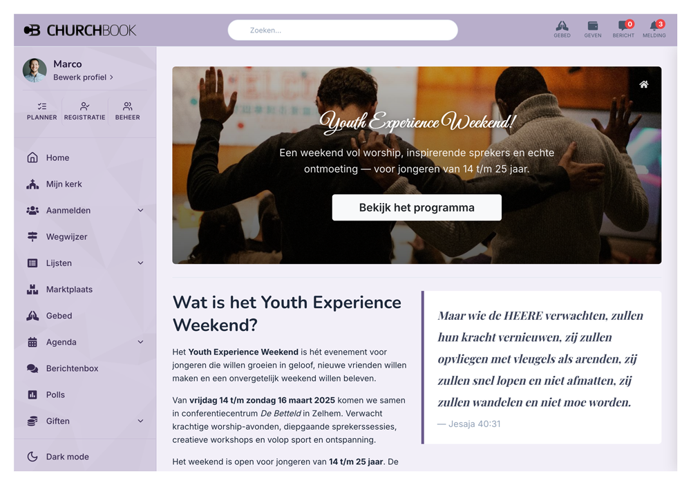 Ledenadministratie in de Churchbook kerkapp